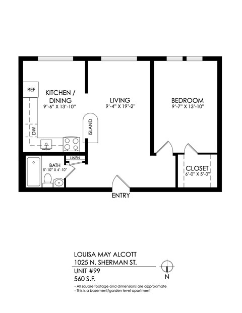 Floor plan for 1 bed, 1 bath, 560 sqft